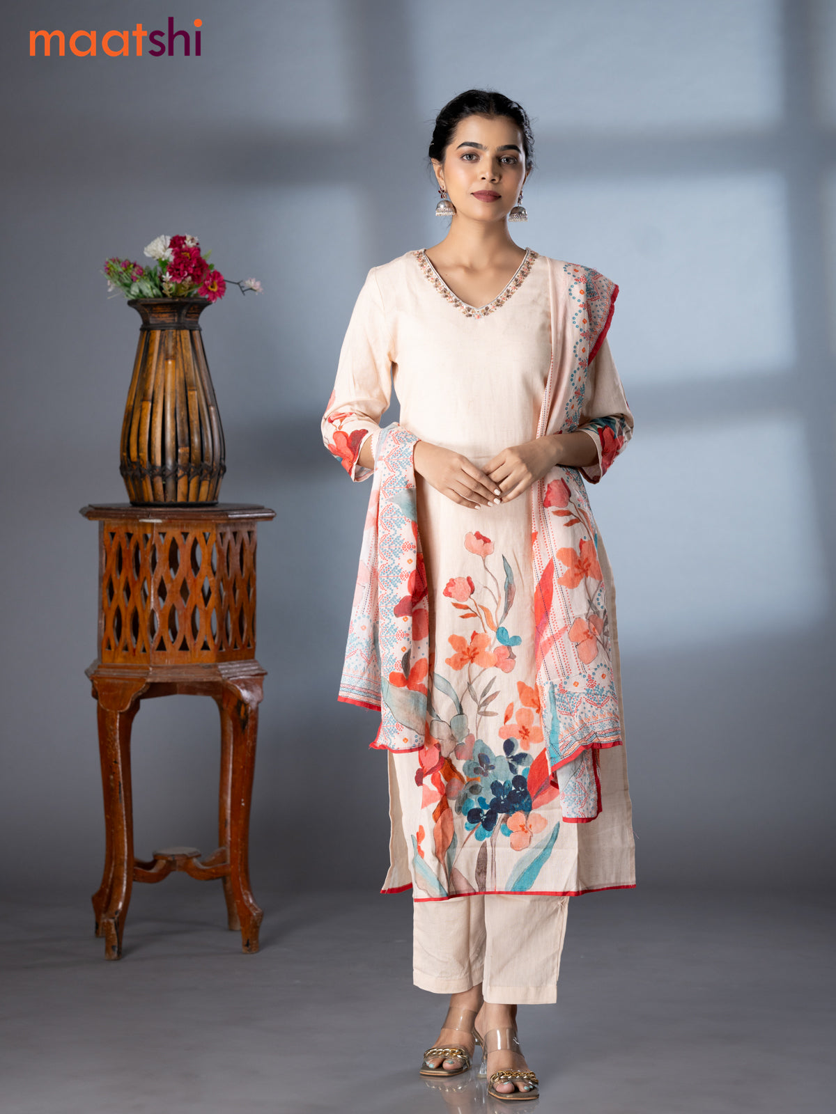 Placement prints readymade salwar suit mild peach shade with floral prints & embroidery sequin work v neck pattern and straight cut pant & dupatta