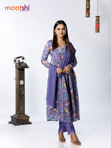 Muslin readymade alia cut salwar suit lavender with allover floral prints & embroidery mirror work neck pattern and straight cut pant & chiffon dupatta