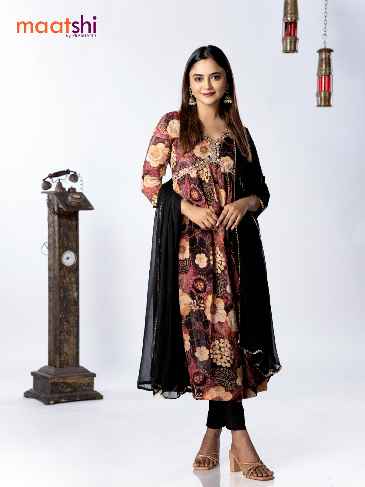 Muslin readymade alia cut salwar suit black and pink orange shade with allover floral prints & zardosi beaded work neck pattern and straight cut pant & chiffon dupatta