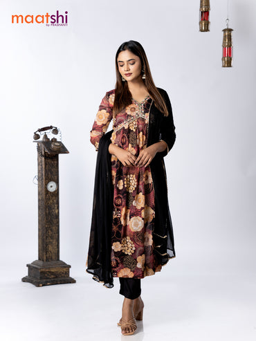 Muslin readymade alia cut salwar suit black and pink orange shade with allover floral prints & zardosi beaded work neck pattern and straight cut pant & chiffon dupatta