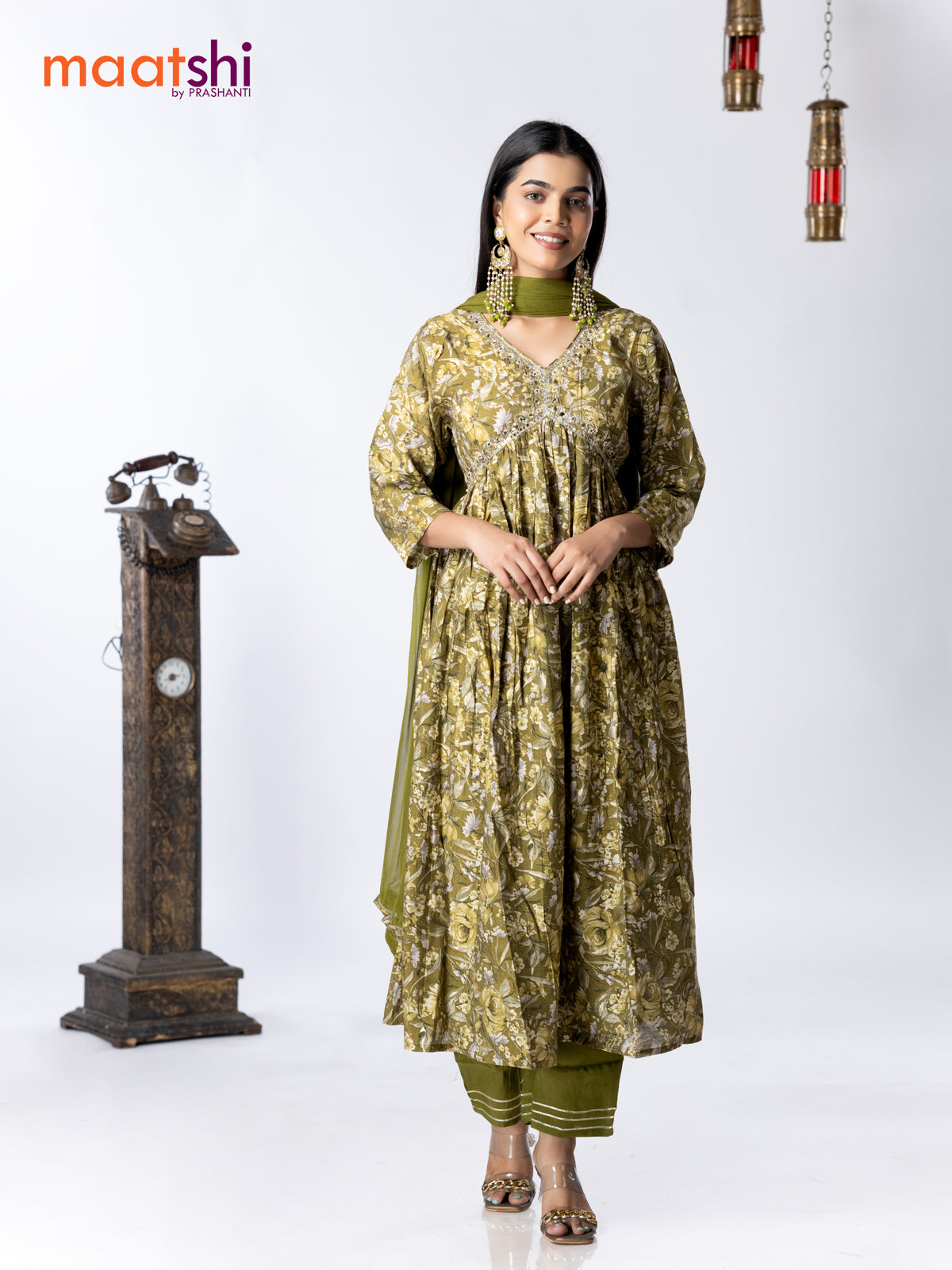 Muslin readymade alia cut salwar suit olive green with allover floral prints & beaded mirror work neck pattern and straight cut pant & chiffon dupatta