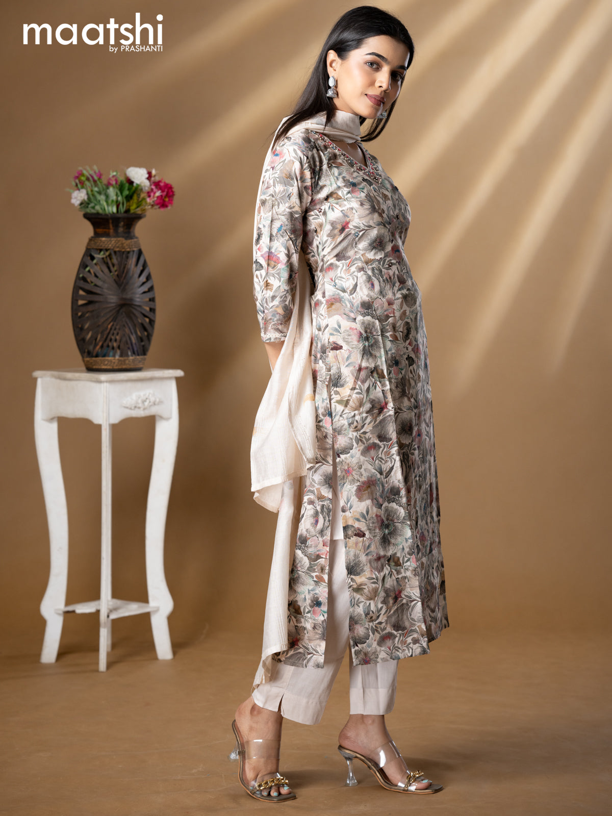 Floral prints readymade salwar suit sandal and grey with embroidery beaded work v neck pattern and straight cut pant & chanderi dupatta