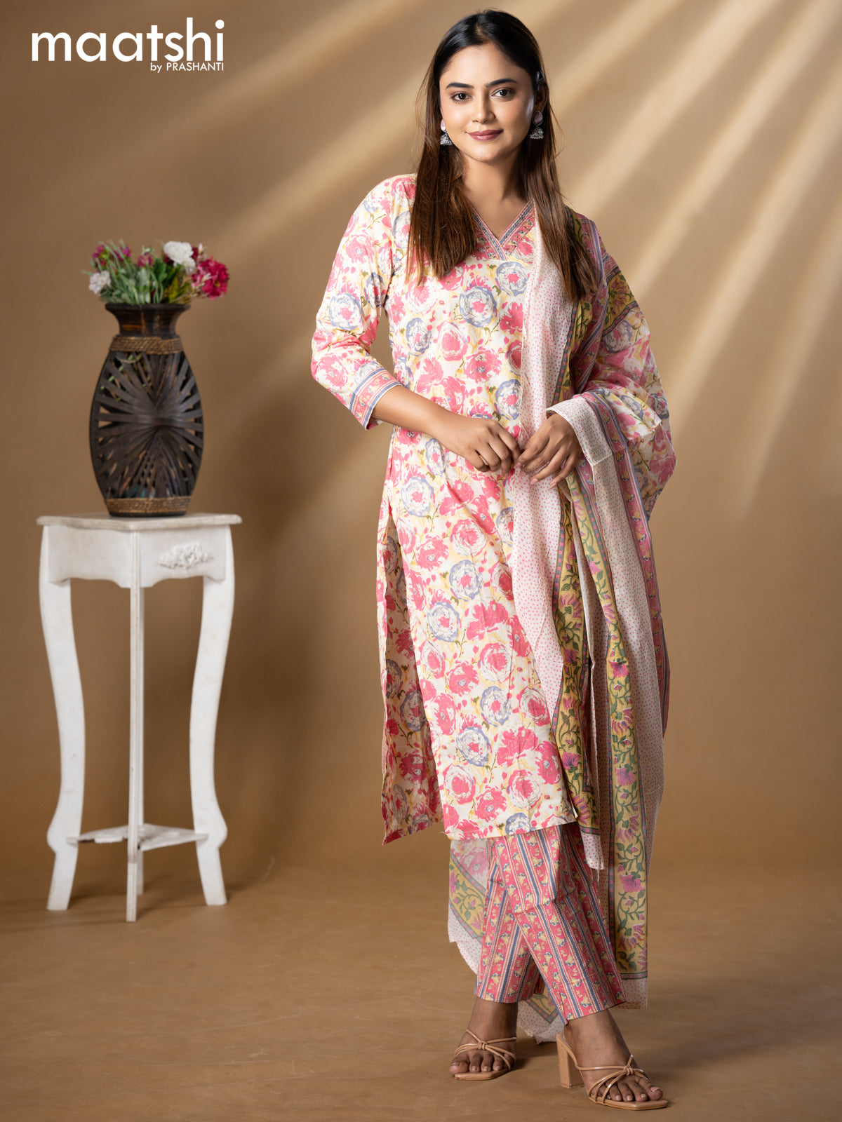 Floral prints readymade salwar suit cream and pink with simple sequin work v neck pattern and straight cut pant & dupatta