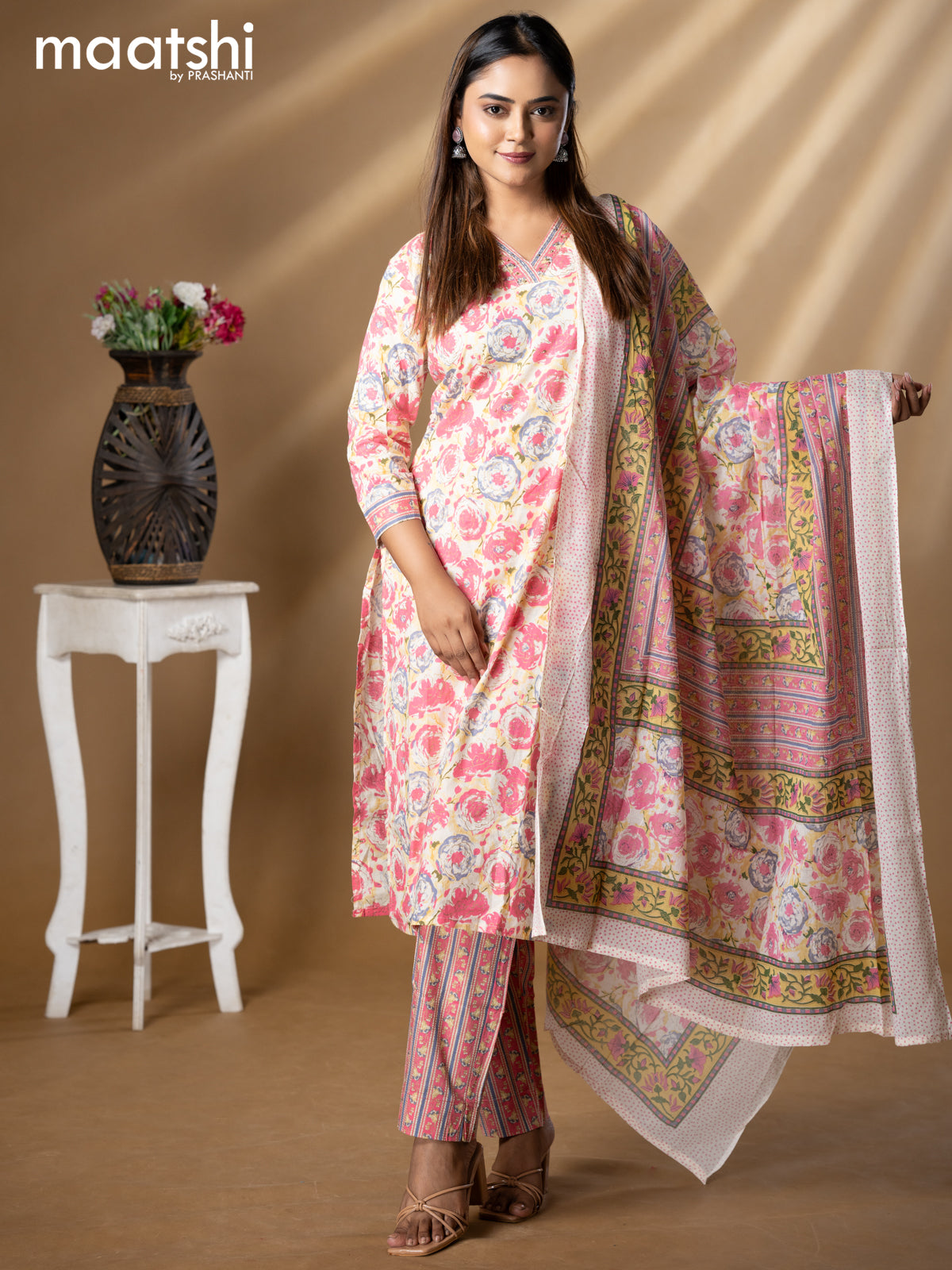 Floral prints readymade salwar suit cream and pink with simple sequin work v neck pattern and straight cut pant & dupatta