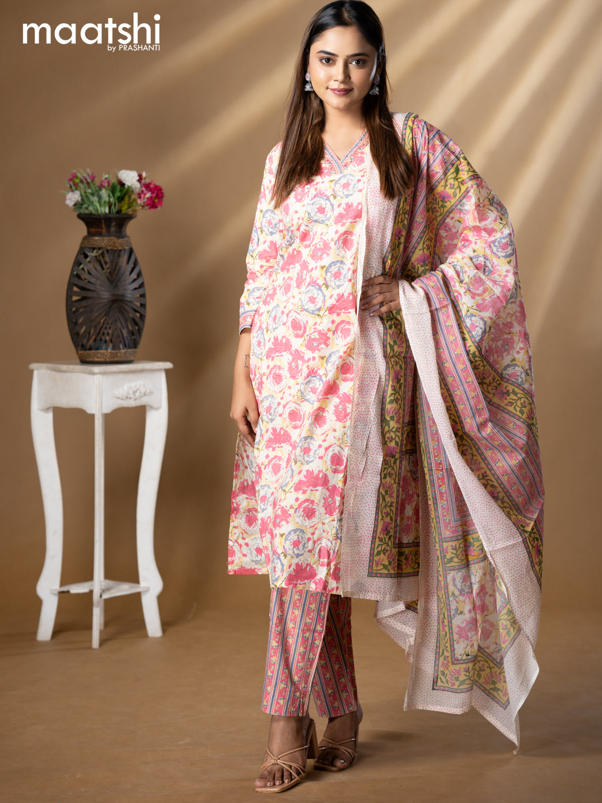 Floral prints readymade salwar suit cream and pink with simple sequin work v neck pattern and straight cut pant & dupatta