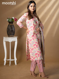 Floral prints readymade salwar suit cream and pink with simple sequin work v neck pattern and straight cut pant & dupatta