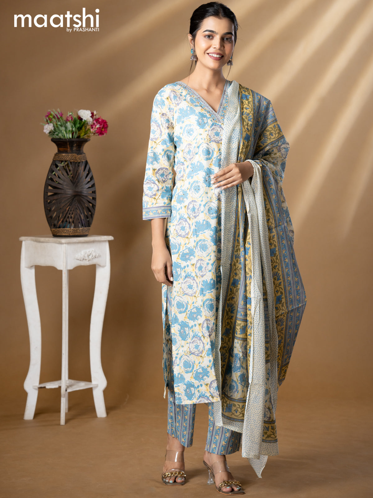 Floral prints readymade salwar suit cream and blue with simple sequin work v neck pattern and straight cut pant & dupatta