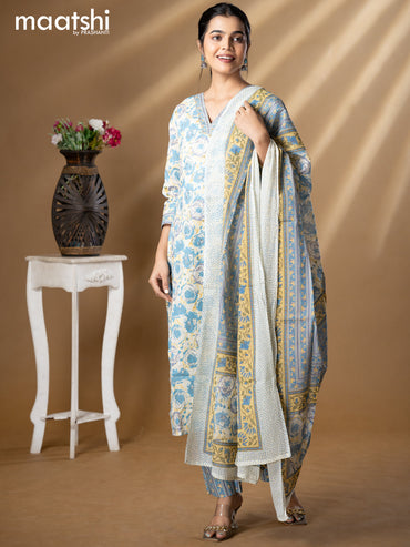 Floral prints readymade salwar suit cream and blue with simple sequin work v neck pattern and straight cut pant & dupatta