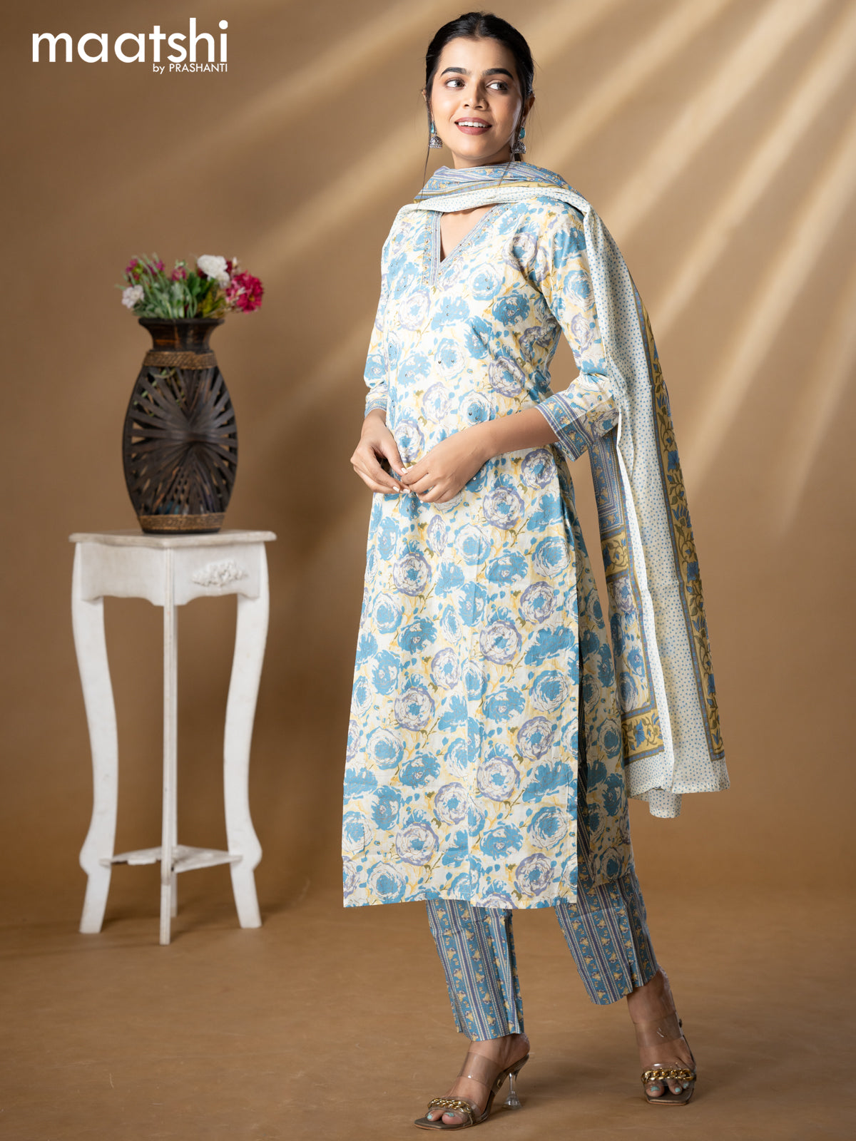 Floral prints readymade salwar suit cream and blue with simple sequin work v neck pattern and straight cut pant & dupatta