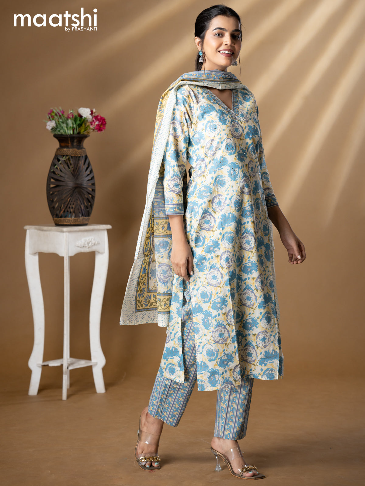 Floral prints readymade salwar suit cream and blue with simple sequin work v neck pattern and straight cut pant & dupatta