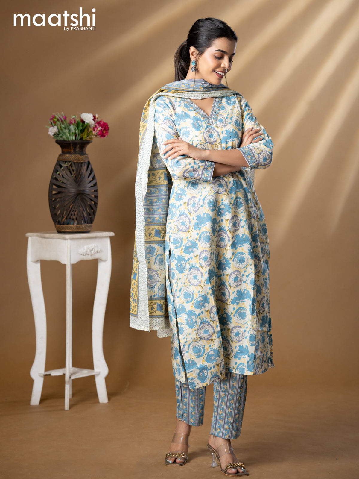 Floral prints readymade salwar suit cream and blue with simple sequin work v neck pattern and straight cut pant & dupatta