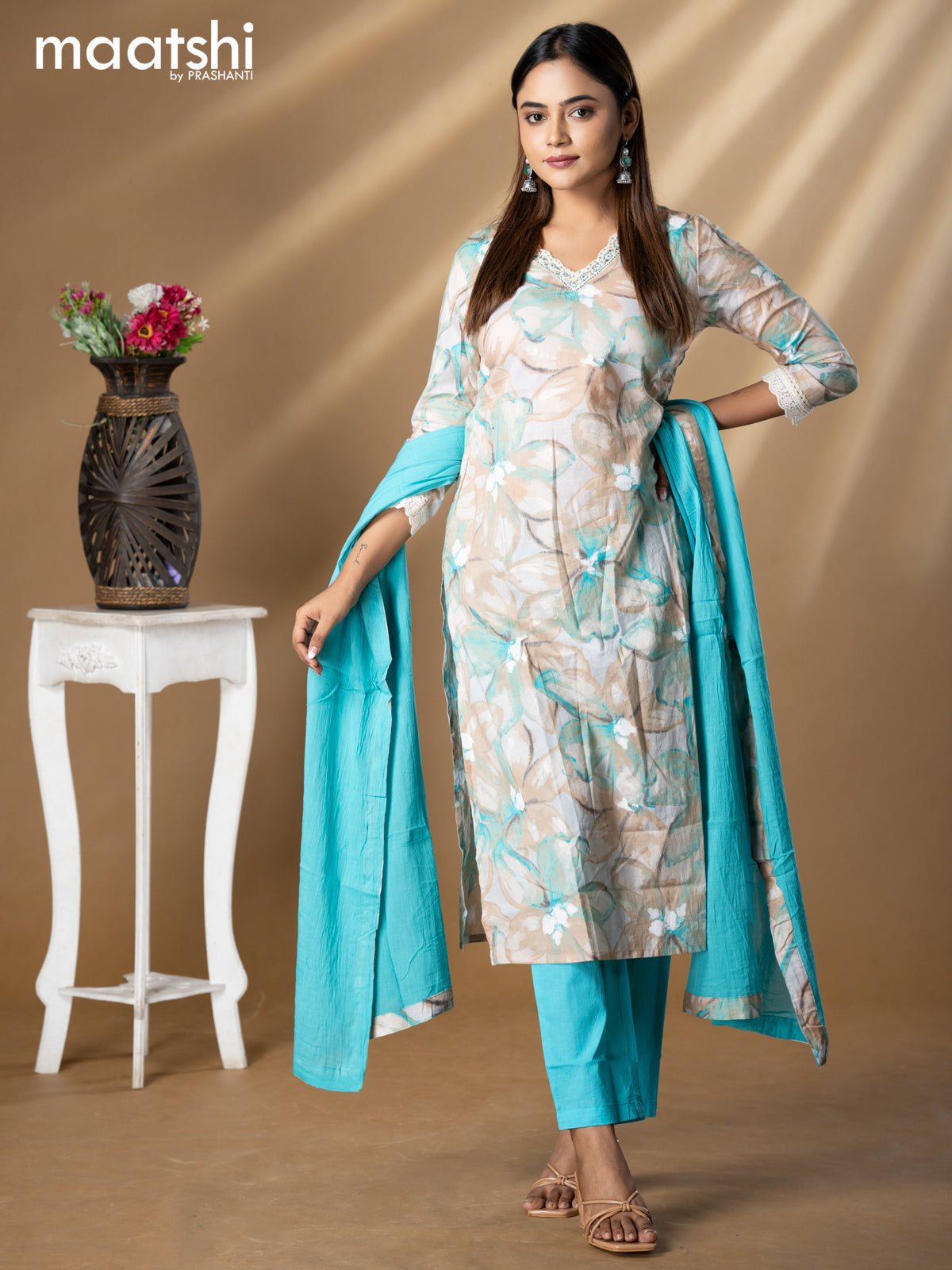 Floral prints readymade salwar suit grey shade and light blue with beaded work v neck pattern and straight cut pant & dupatta