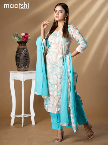 Floral prints readymade salwar suit grey shade and light blue with beaded work v neck pattern and straight cut pant & dupatta