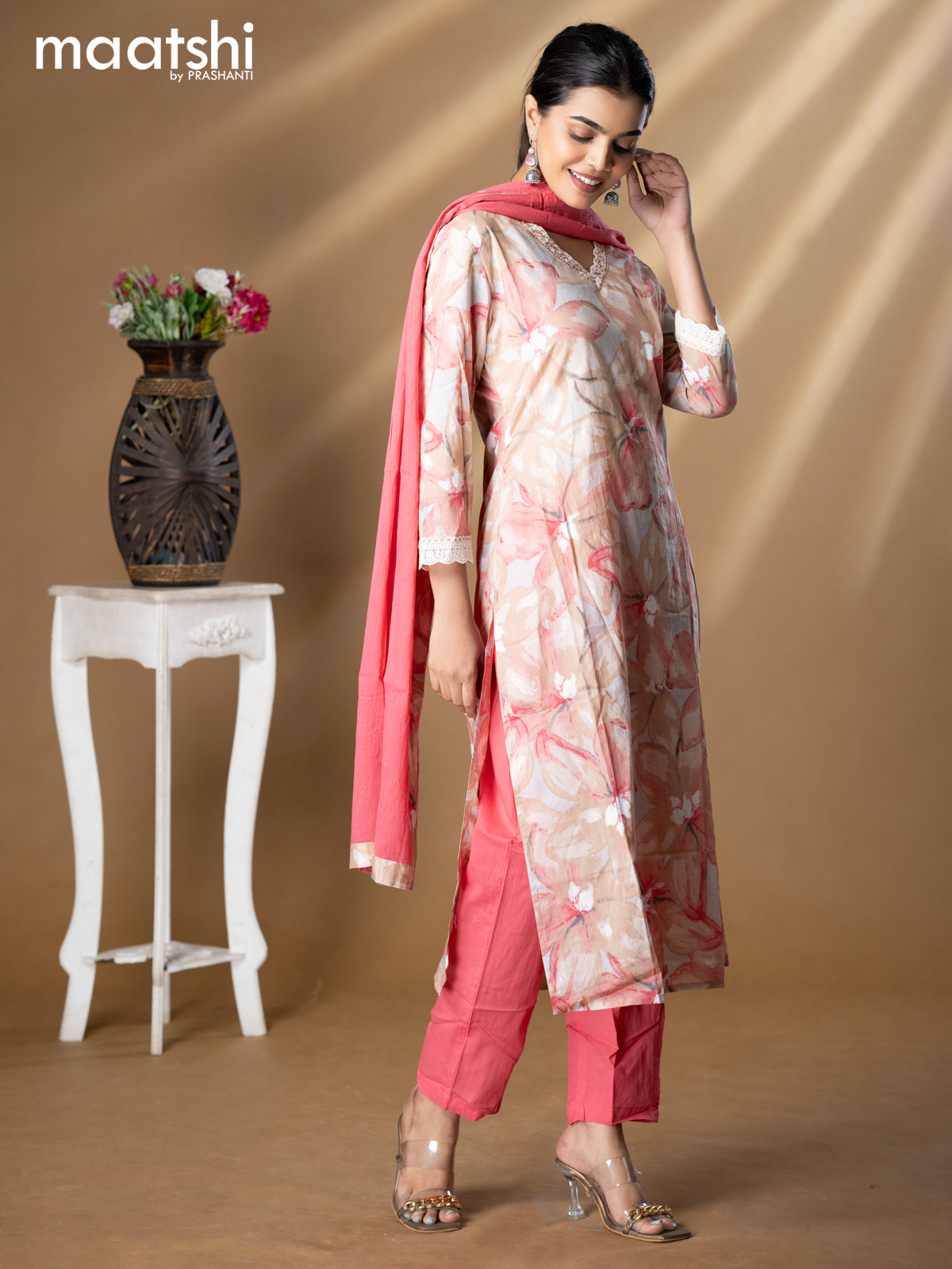 Floral prints readymade salwar suit grey shade and pink with beaded work v neck pattern and straight cut pant & dupatta