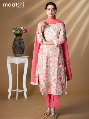 Floral prints readymade salwar suit grey shade and pink with beaded work v neck pattern and straight cut pant & dupatta