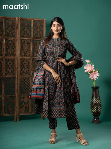 Cotton readymade anarkali salwar suit black with allover ajrakh prints & embroidery work neck pattern and straight cut pant & cotton dupatta