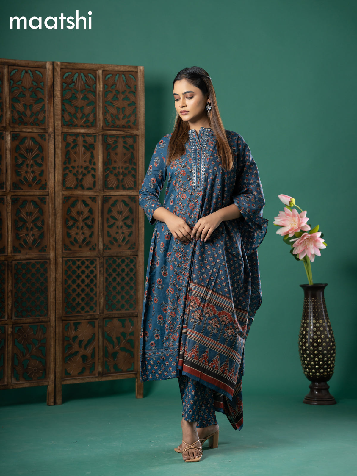 Cotton readymade anarkali salwar suit blue with allover ajrakh prints & embroidery work neck pattern and straight cut pant & cotton dupatta