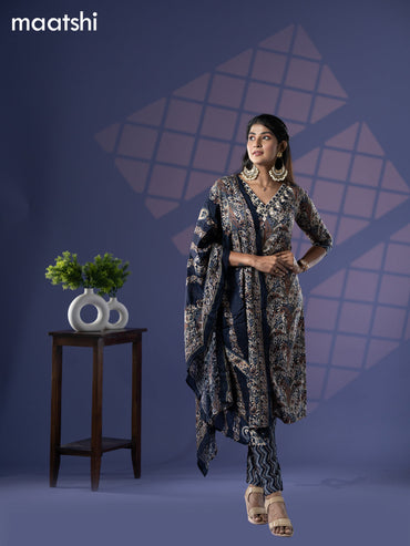 Cotton readymade salwar suit dark navy blue and cream with allover prints & embroidery mirror work v neck pattern and straight cut pant & dupatta