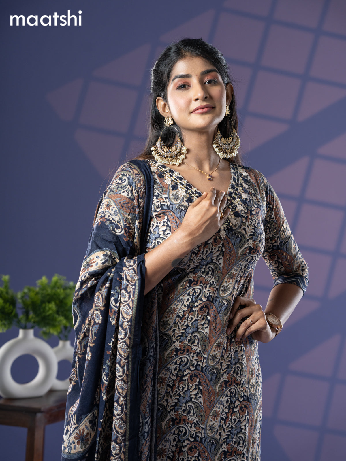 Cotton readymade salwar suit dark navy blue and cream with allover prints & embroidery mirror work v neck pattern and straight cut pant & dupatta