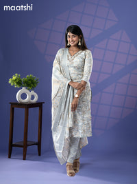 Rayon salwar suit grey with allover floral prints & embroidery sequin work v neck pattern and straight cut pant & dupatta