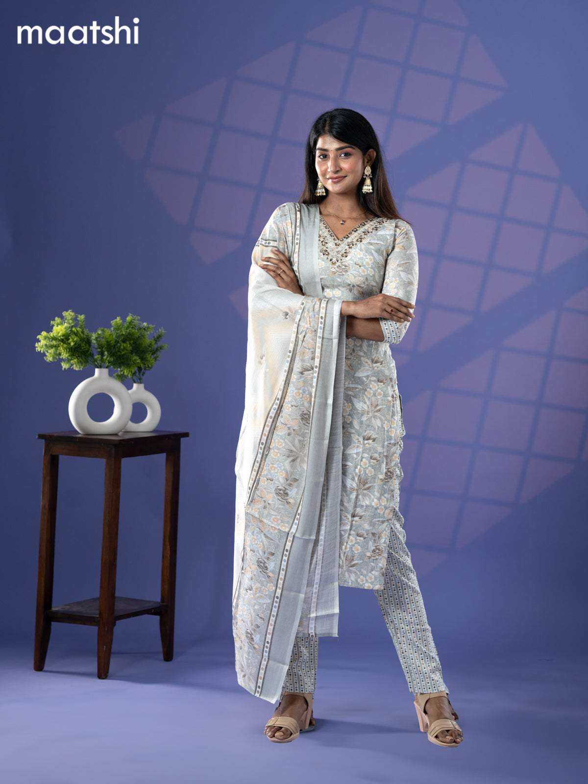 Rayon salwar suit grey with allover floral prints & embroidery sequin work v neck pattern and straight cut pant & dupatta