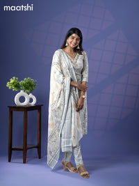 Rayon salwar suit grey with allover floral prints & embroidery sequin work v neck pattern and straight cut pant & dupatta