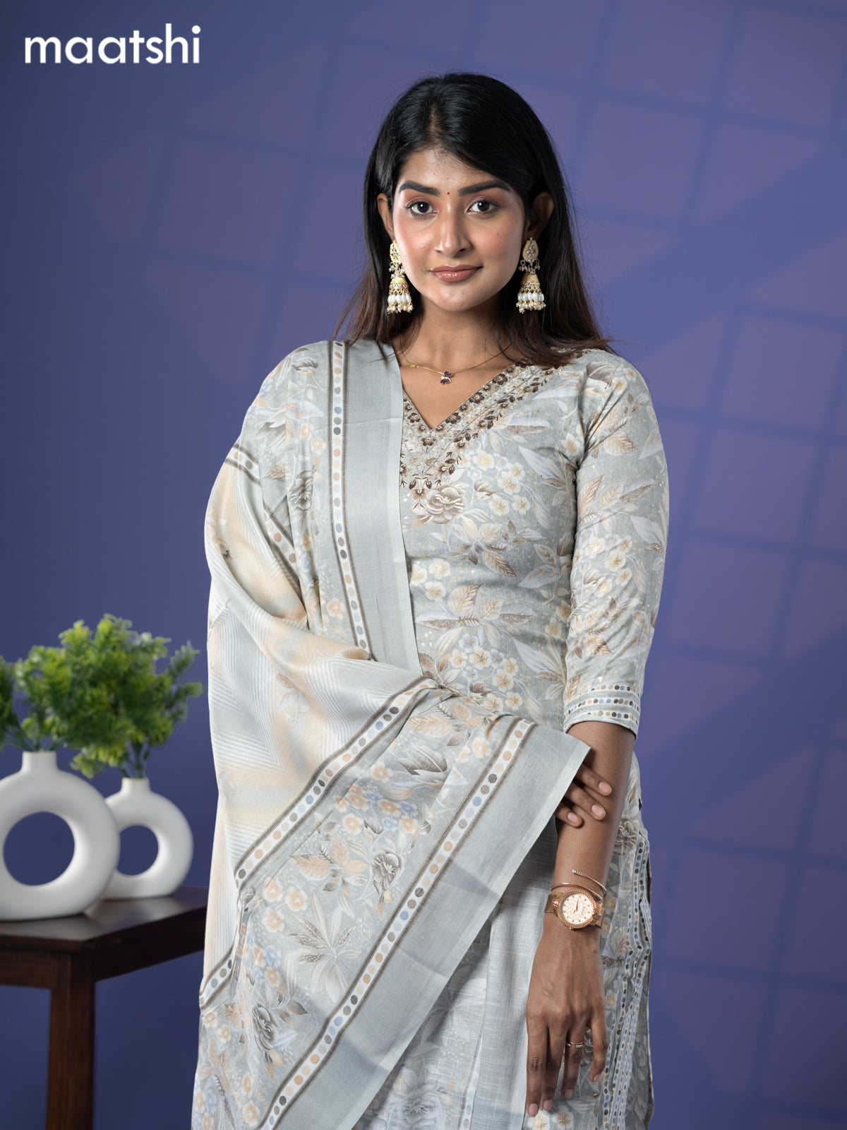 Rayon salwar suit grey with allover floral prints & embroidery sequin work v neck pattern and straight cut pant & dupatta