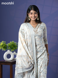 Rayon salwar suit grey with allover floral prints & embroidery sequin work v neck pattern and straight cut pant & dupatta