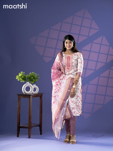 Rayon readymade salwar suit off white and wine shade with allover floral prints & embroidery mirror work neck pattern and straight cut pant & dupatta