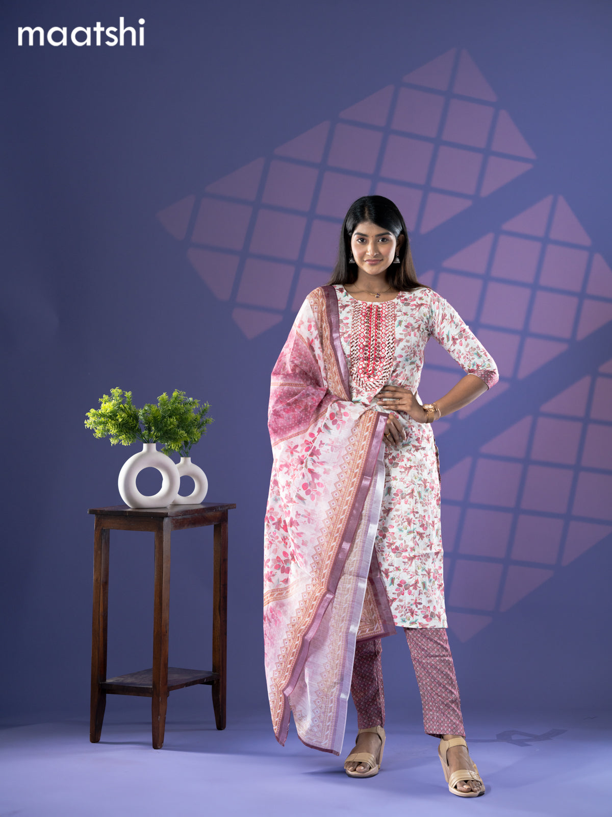 Rayon salwar suit off white and wine shade with allover floral prints & embroidery mirror work neck pattern and straight cut pant & dupatta