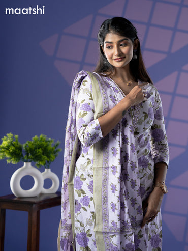 Cotton readymade salwar suit mild lavender with allover floral prints & embroidery mirror v work neck pattern and straight cut pant & dupatta