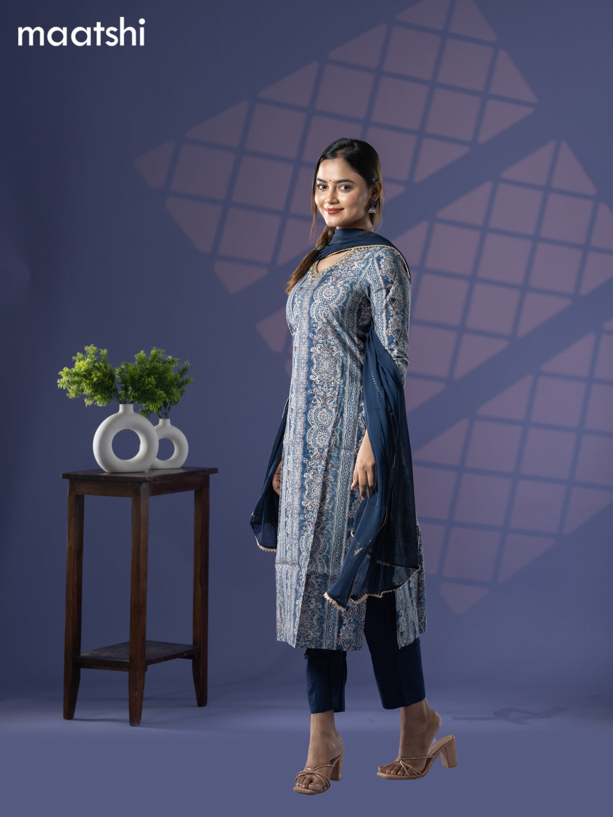 Modal readymade salwar suit blue shade with allover prints & zardosi embroidery work neck pattern and straight cut pant & chiffon dupatta