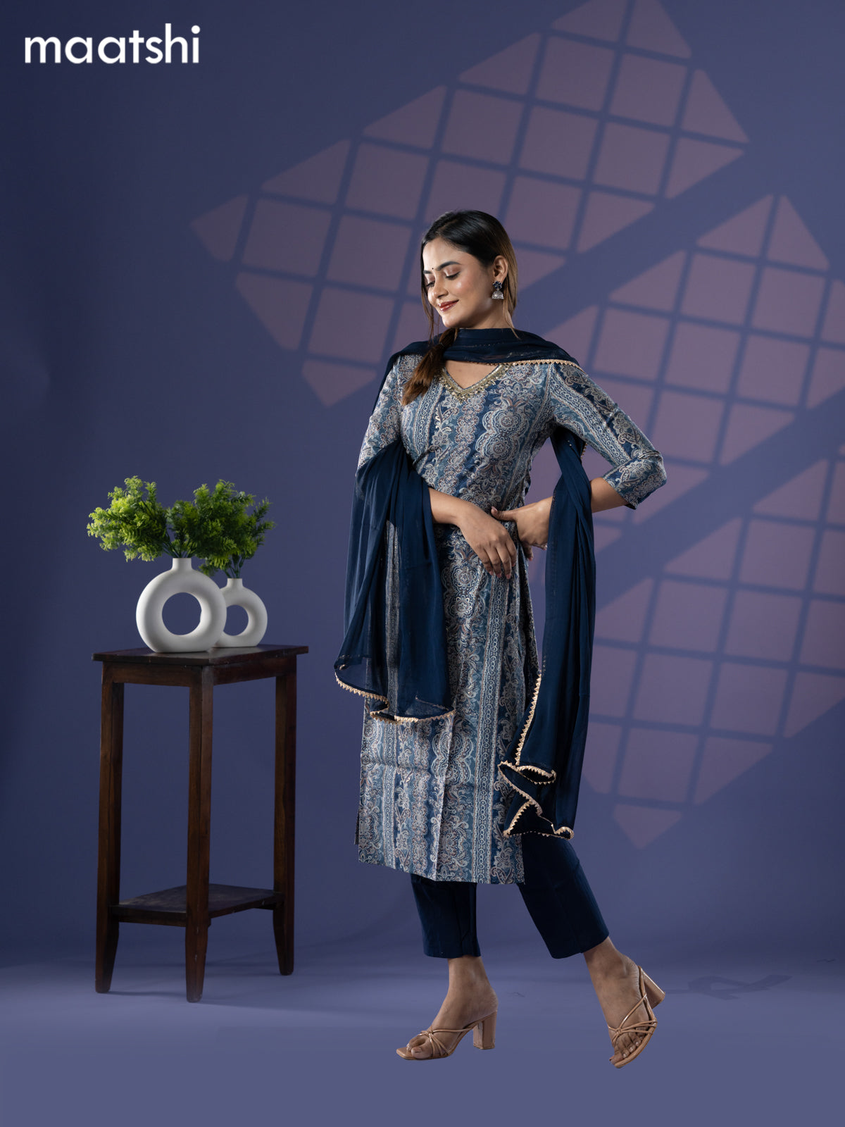 Modal readymade salwar suit blue shade with allover prints & zardosi embroidery work neck pattern and straight cut pant & chiffon dupatta