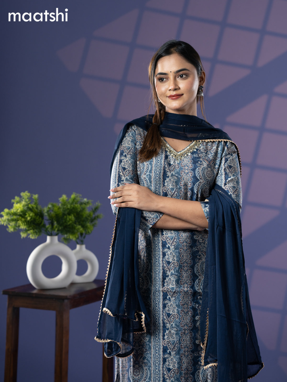 Modal readymade salwar suit blue shade with allover prints & zardosi embroidery work neck pattern and straight cut pant & chiffon dupatta