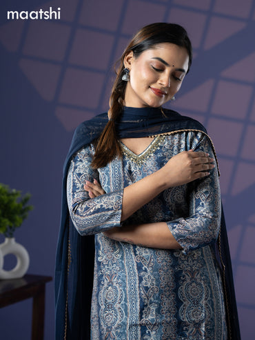 Modal readymade salwar suit blue shade with allover prints & zardosi embroidery work neck pattern and straight cut pant & chiffon dupatta