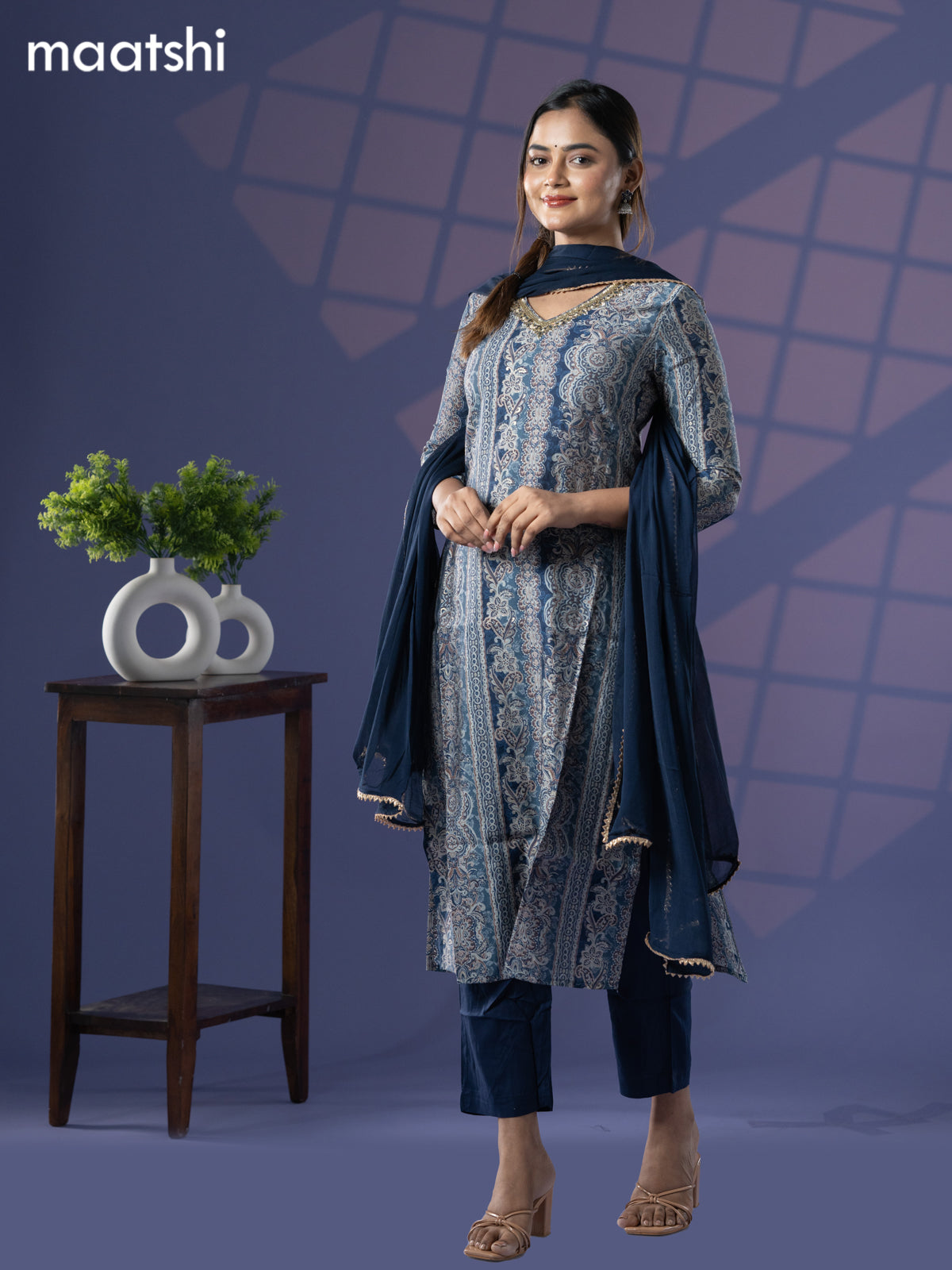 Modal readymade salwar suit blue shade with allover prints & zardosi embroidery work neck pattern and straight cut pant & chiffon dupatta