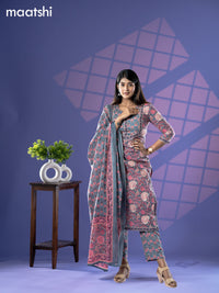 Cotton readymade salwar suit grey shade and pink with allover floral prints & mirror sequin work neck pattern and straight cut pant & dupatta