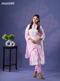 Cotton readymade salwar suit light pink with allover floral prints & crocia lace work neck pattern and straight cut pant & chiffon dupatta