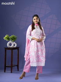 Cotton readymade salwar suit light pink with allover floral prints & crocia lace work neck pattern and straight cut pant & chiffon dupatta