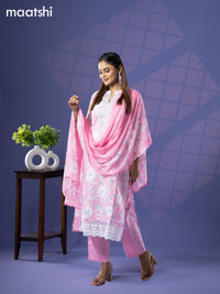 Cotton readymade salwar suit light pink with allover floral prints & crocia lace work neck pattern and straight cut pant & chiffon dupatta