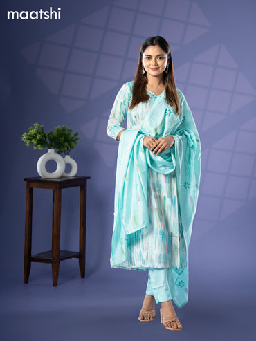 Cotton readymade salwar suit teal blue with prints & french knot sequin work v neck pattern and straight cut pant & chanderi sequin work dupatta