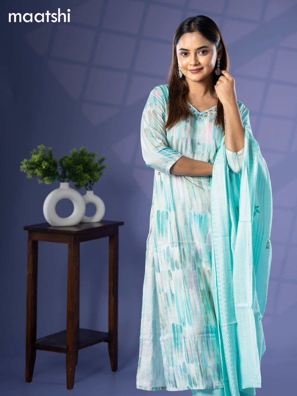 Cotton readymade salwar suit teal blue with prints & french knot sequin work v neck pattern and straight cut pant & chanderi sequin work dupatta