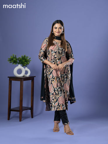 Modal readymade salwar suit black with allover prints & sequin work neck pattern and straight cut pant & chiffon dupatta