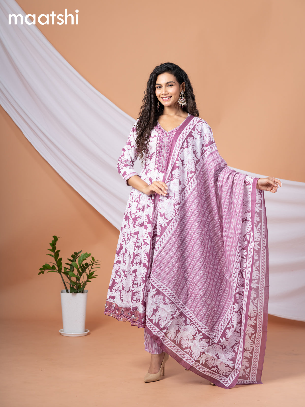 Cotton readymade anarkali salwar suit wine shade and off white with allover floral prints & embroidery work neck pattern and straight cut pant & dupatta