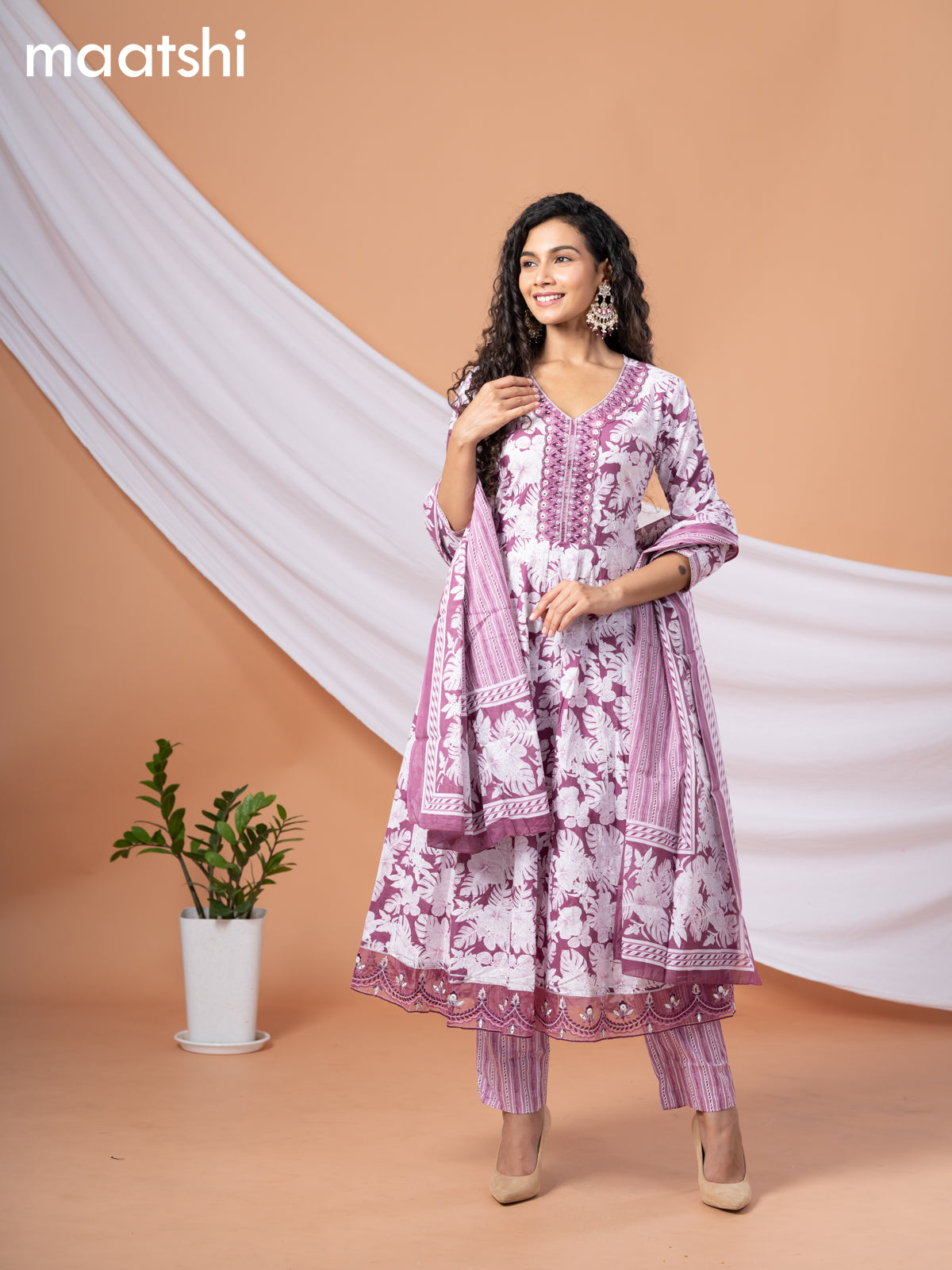 Cotton readymade anarkali salwar suit wine shade and off white with allover floral prints & embroidery work neck pattern and straight cut pant & dupatta