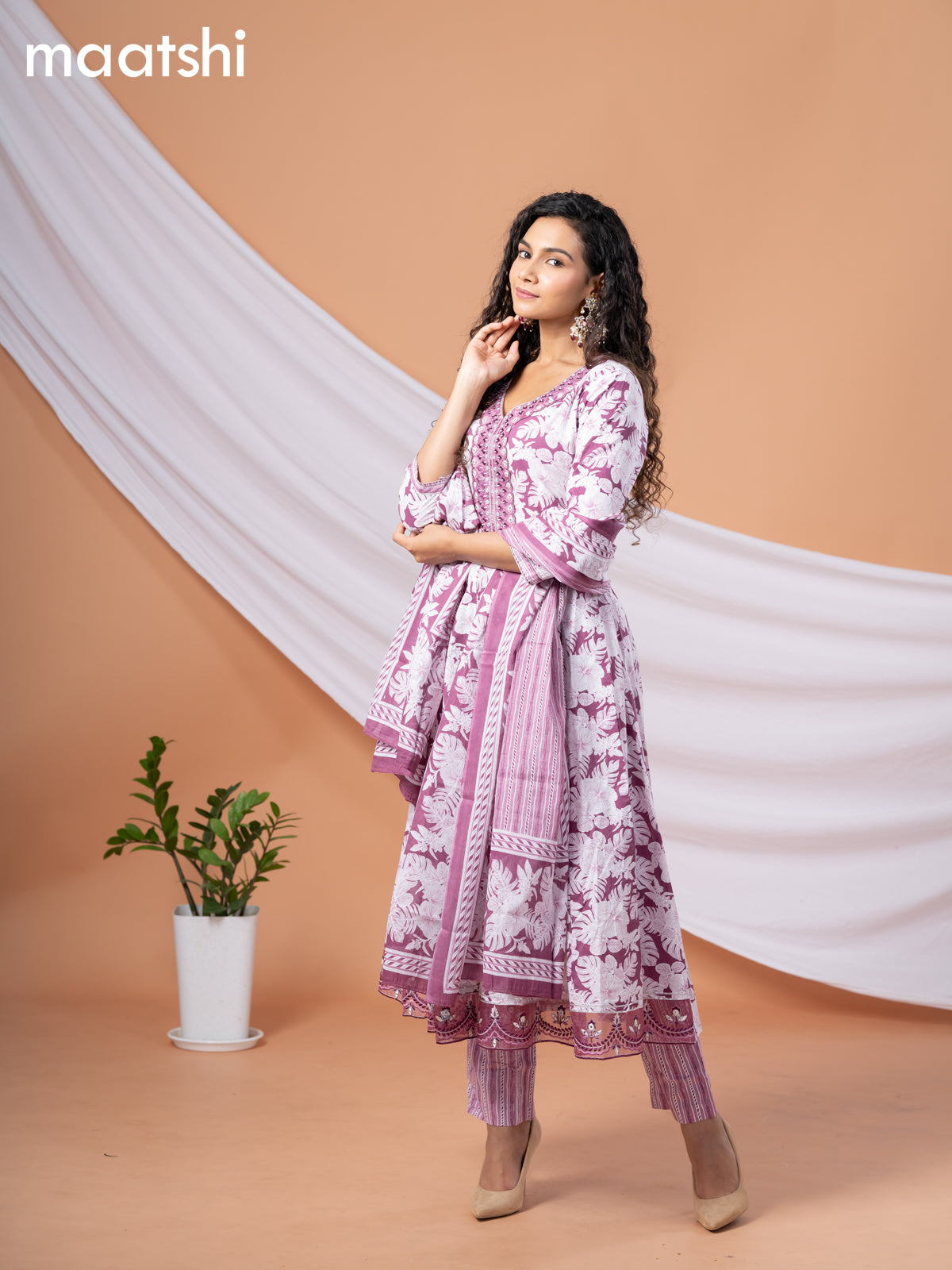 Cotton readymade anarkali salwar suit wine shade and off white with allover floral prints & embroidery work neck pattern and straight cut pant & dupatta