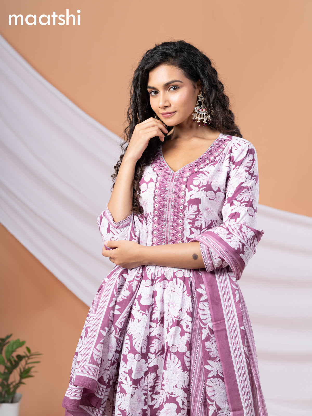 Cotton readymade anarkali salwar suit wine shade and off white with allover floral prints & embroidery work neck pattern and straight cut pant & dupatta