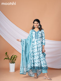 Cotton readymade anarkali salwar suit teal blue and off white with allover floral prints & embroidery work neck pattern and straight cut pant & dupatta