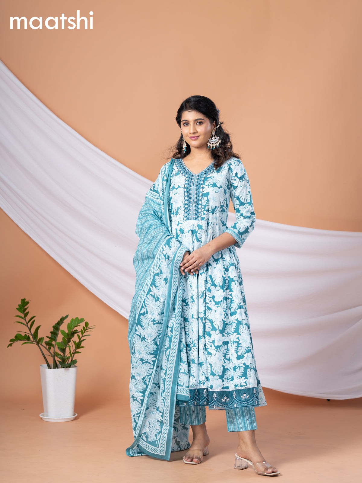 Cotton readymade anarkali salwar suit teal blue and off white with allover floral prints & embroidery work neck pattern and straight cut pant & dupatta