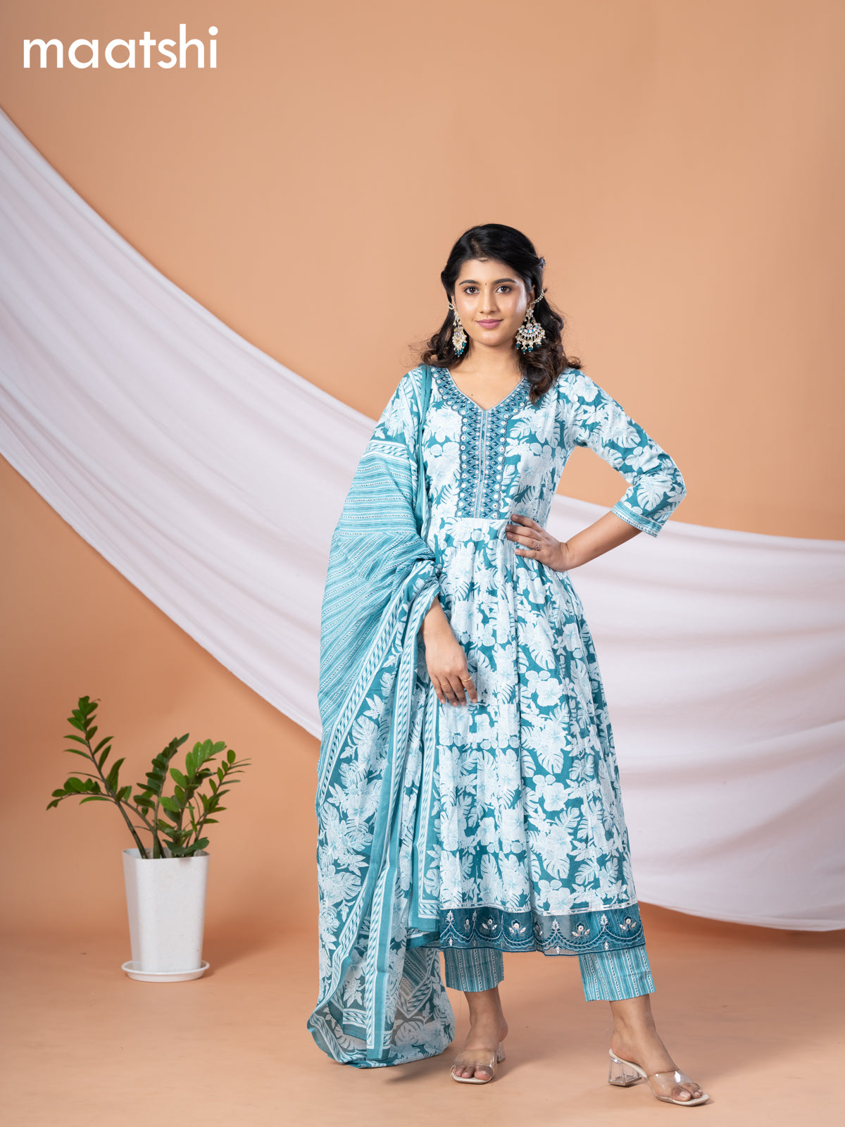 Cotton readymade anarkali salwar suit teal blue and off white with allover floral prints & embroidery work neck pattern and straight cut pant & dupatta